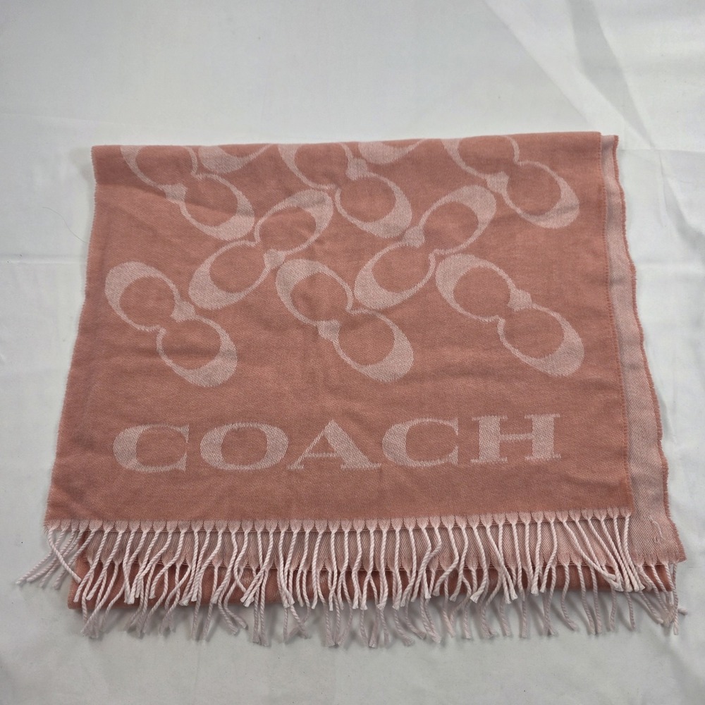 Coach Scarf Womens One Size Pink Rectangle Signature C Logo Fringe Winter
